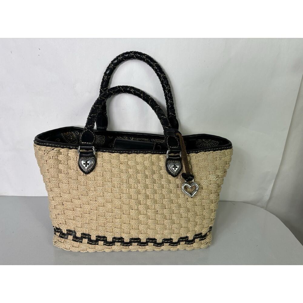Brighton Purse Peggy Handbag Natural Woven Straw Black Leather Trim Hangtag